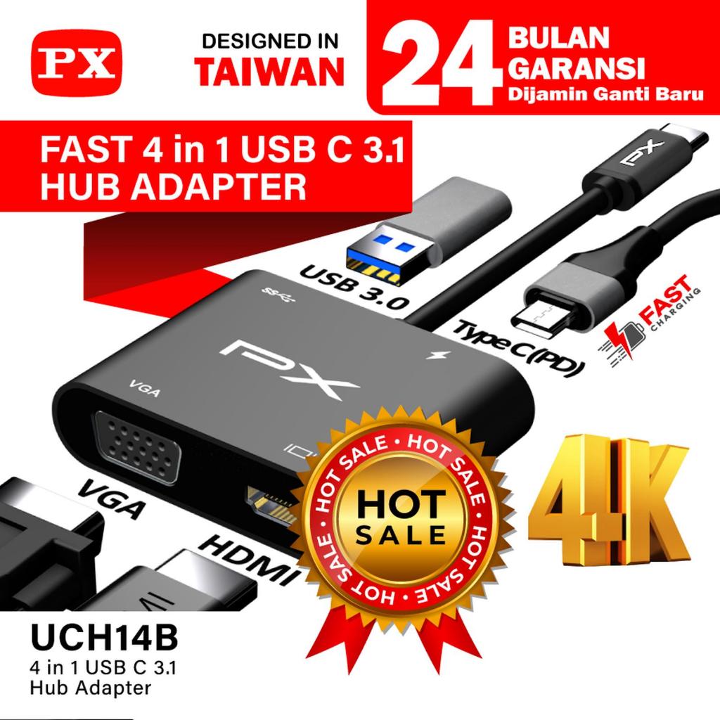 PX UCH14 Type C 3.1 to HDMI VGA USB Hub Converter Adaptor 4 in 1 4K