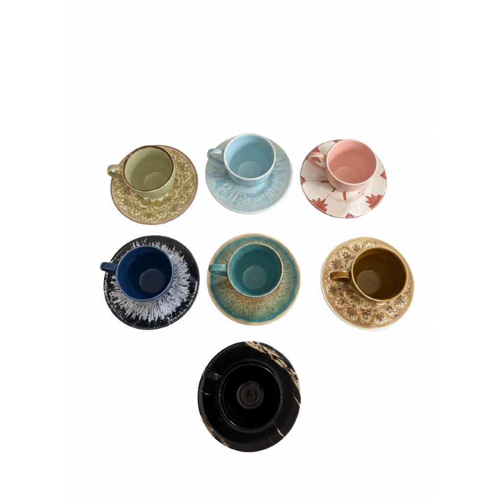 Keramik sanur Cangkir keramik motif vintage aesthetic satu set dengan lepekan