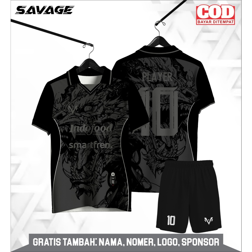 JERSEY FUTSAL KERAH CUSTOM NAMA NOMER PUNGGUNG FULLPRINTING HITAM NAGA POLOS