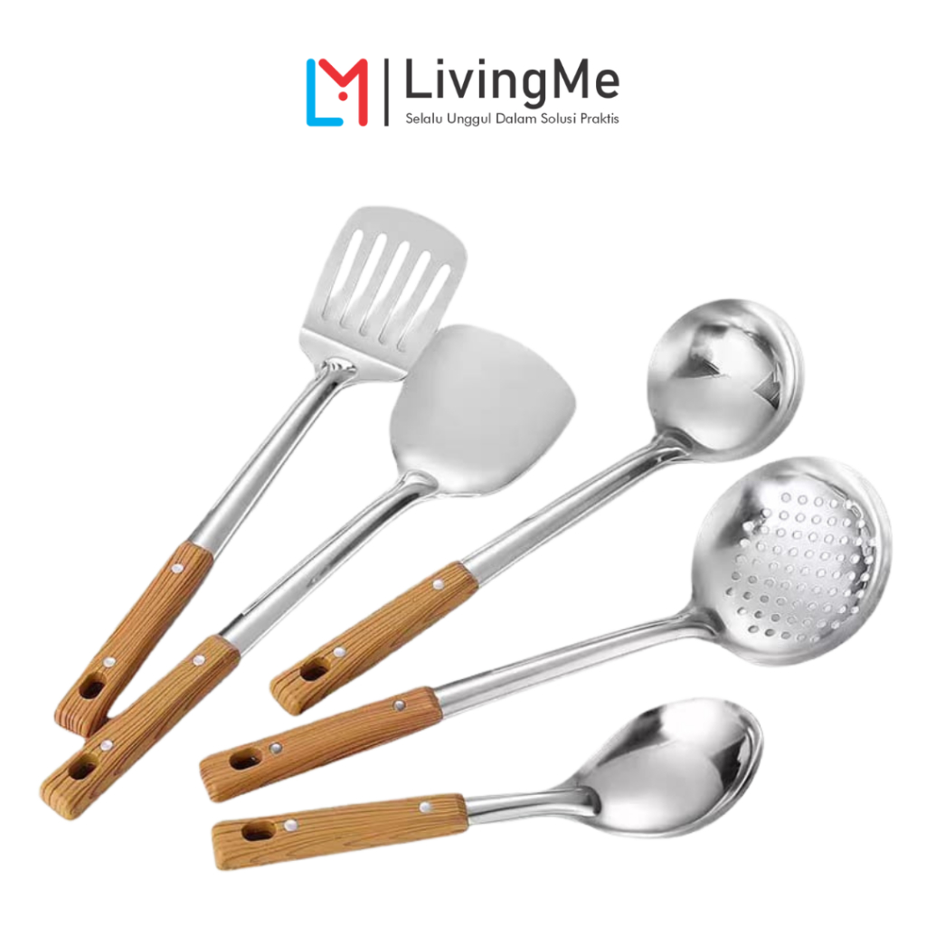 [LivingMe] Spatula Set 5 in 1 Stainless Steel Anti Karat Gagang Plastik Kokoh Motif Kayu Tahan Panas