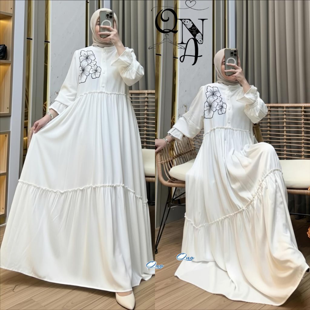 Gamis Shakira Bloom Aksen Bunga Organza Bordir Gamis Jumbo Rempel Susun Lebaran Terbaru 2026 Shakira