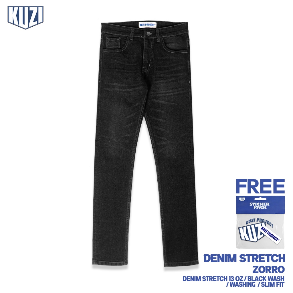KUZI PROJECT - Zorro -  Celana Jeans Pria - Black Wash - Slim Fit - Denim Stretch - 13 Oz - Original