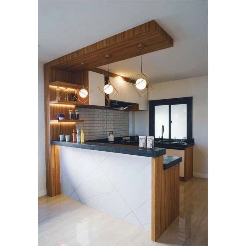 Meja Bar Mini Bar Minimalis Modern Full Set, Lapis HPL Motif , Toping marmer Premium / Mozaik Marmer