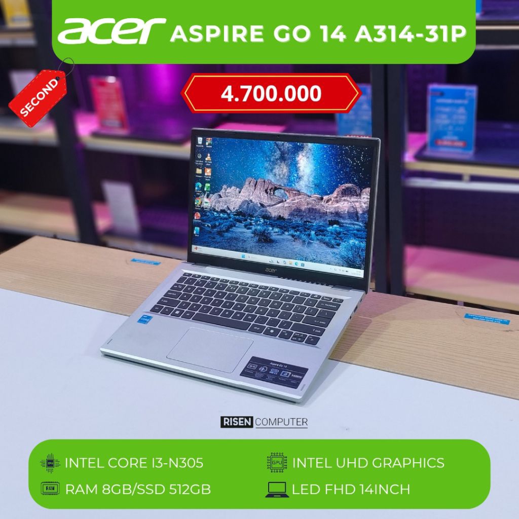 ACER ASPIRE GO 14 A314-3IP Intel Core i3-N305 RAM 8GB SSD 512GB HD 14inch Notebook Second Bekas Lapt