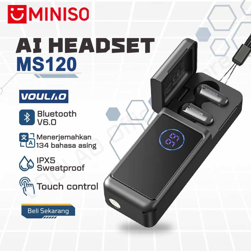 MINISO MS120 Bluetooth Wireless V6.0 Headset terjemahan cerdas AI TWS Power bank dapat mengisi daya 