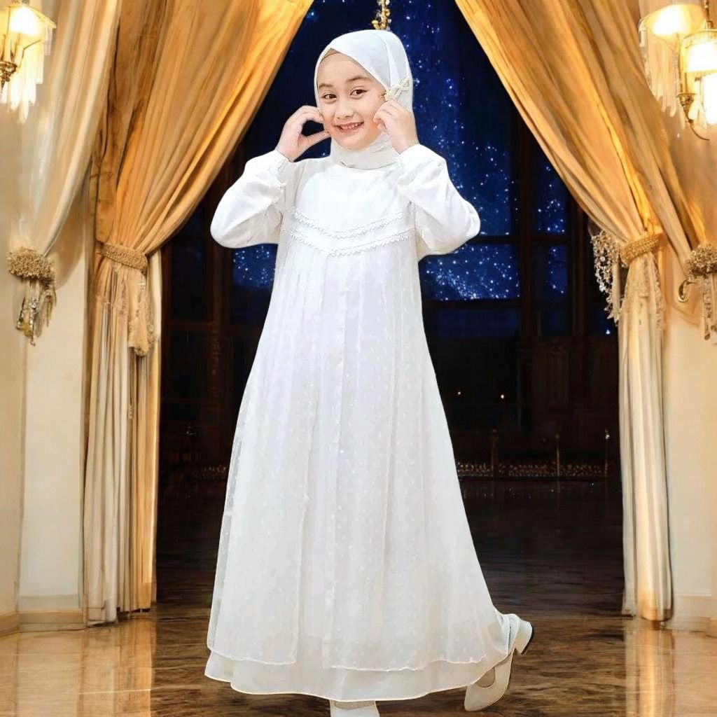 Gamis Anak Perempuan Set Hijab Bahan Ceruty Baby doll Dress Muslim Syari Putih  Panjang  Pengajian