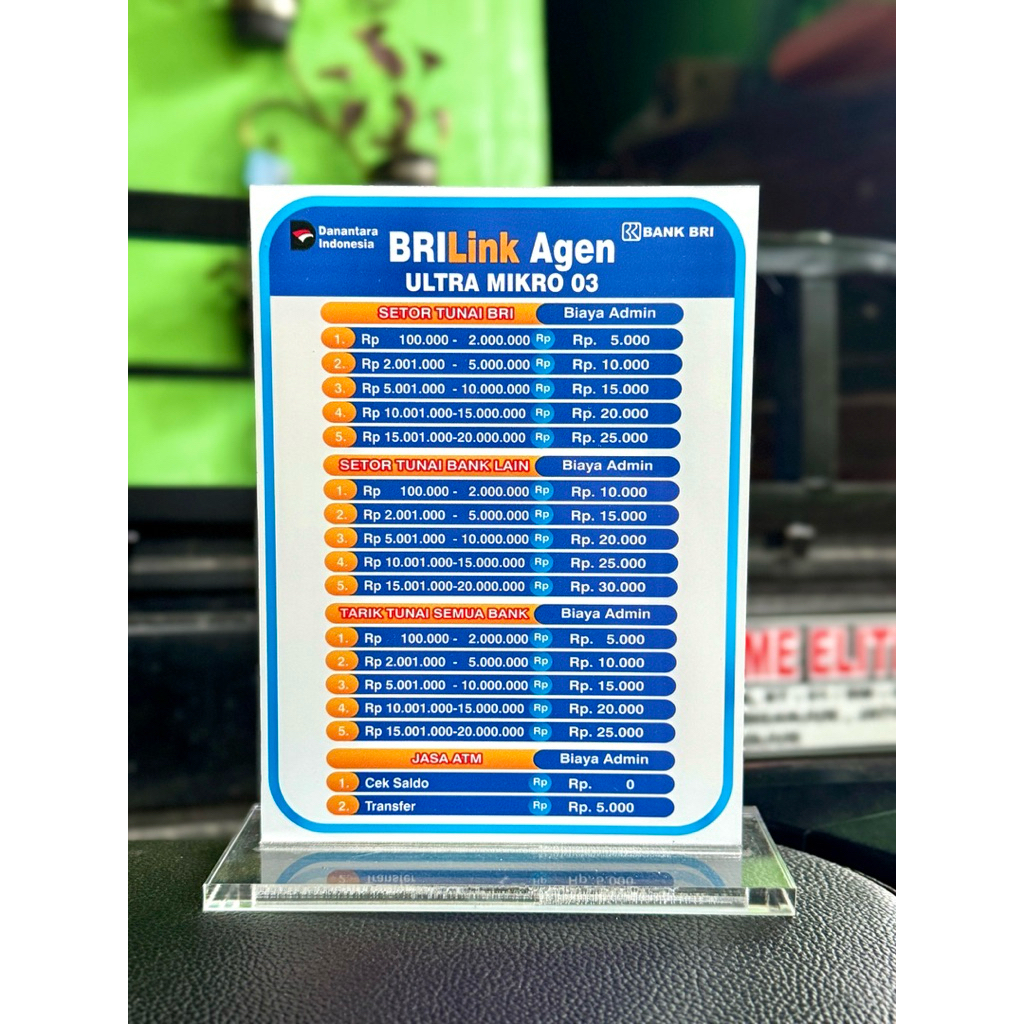 (BISA REQUEST) AKRILIK MEJA TARIF LAYANAN AGEN BANK BRILINK BRI LINK BRI-LINK UKURAN 15x20CM