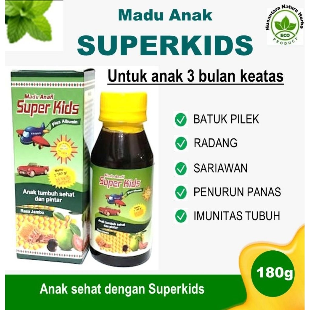 MADU BATUK PILEK ANAK, MADU ANAK SUPERKIDS, untuk batuk pilek, radang, sariawan, penurun panas netto