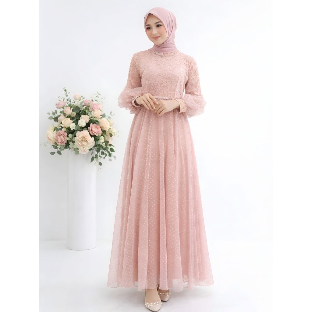 SALE Dress Muslim Wanita Jumbo XXL Gamis Brokat Kombinasi Tile Polkadot Modern Lebaran Zh