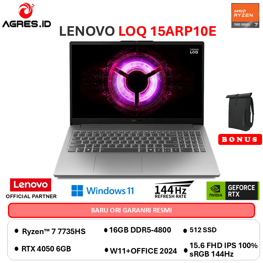 LENOVO LOQ 15ARP10E RYZEN 7 7735HS RTX4050 6GB - 32GB 512GB W11+OHS 15.6FHD 144HZ 100SRGB -1BID