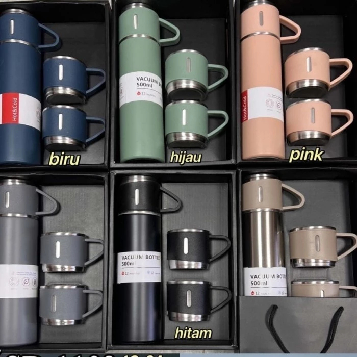 Termos Vacuum Flask Set 500ml - Desain Elegan, Warna Acak, Souvenir Premium