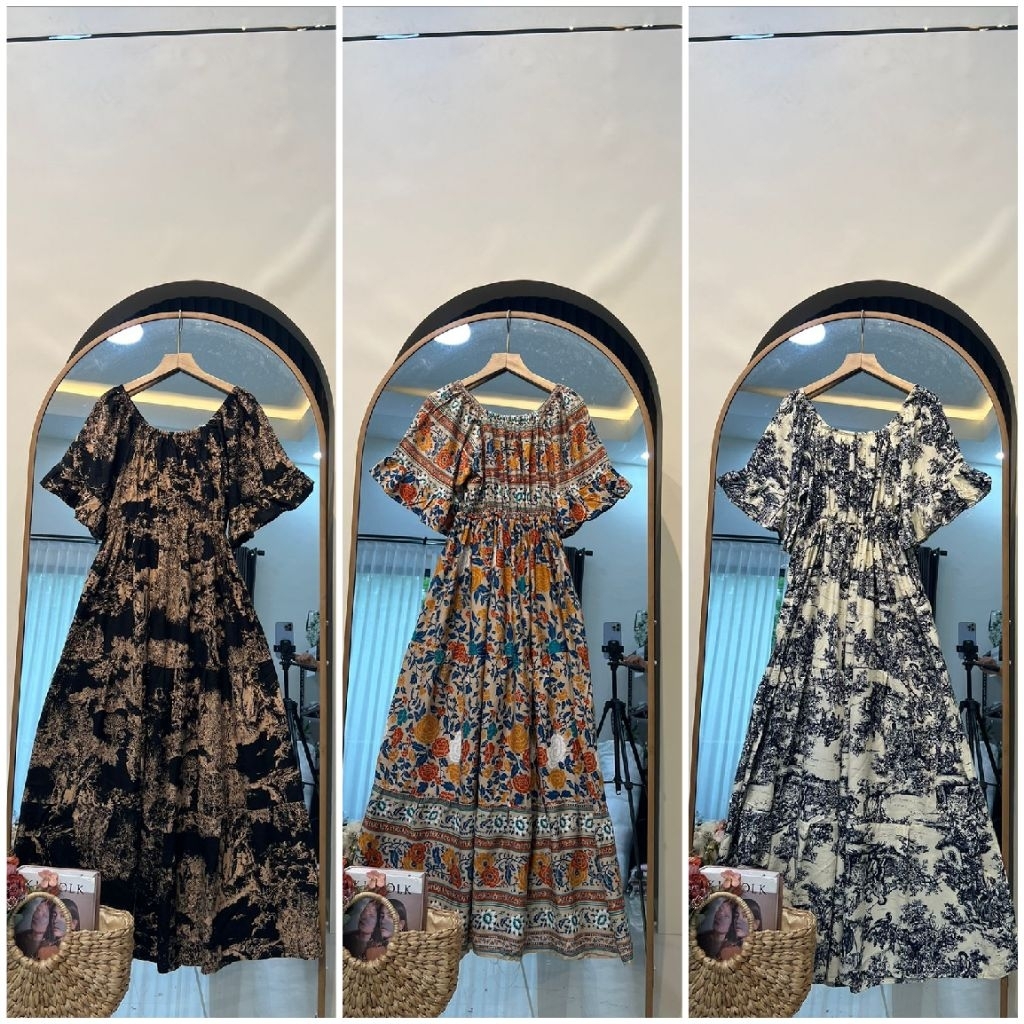 DASTER RAYON PREMIUM MOTIF BUNGA BUSUI FRIENDLY KERUT LENGAN PENDEK PANJANG 125 CM LD 120 CM