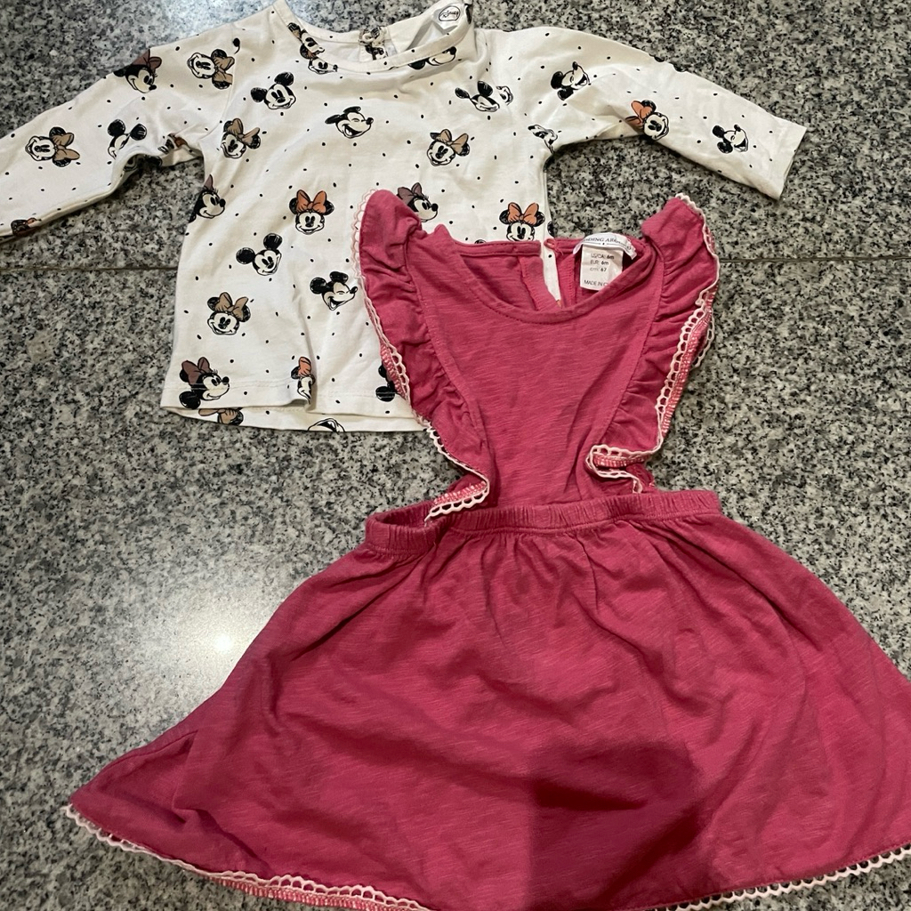 Set OL H&M 3-6m Disney Minnie 6 bulan Mickey Mouse Pink overall bayi 6 months ruffle panjang rok