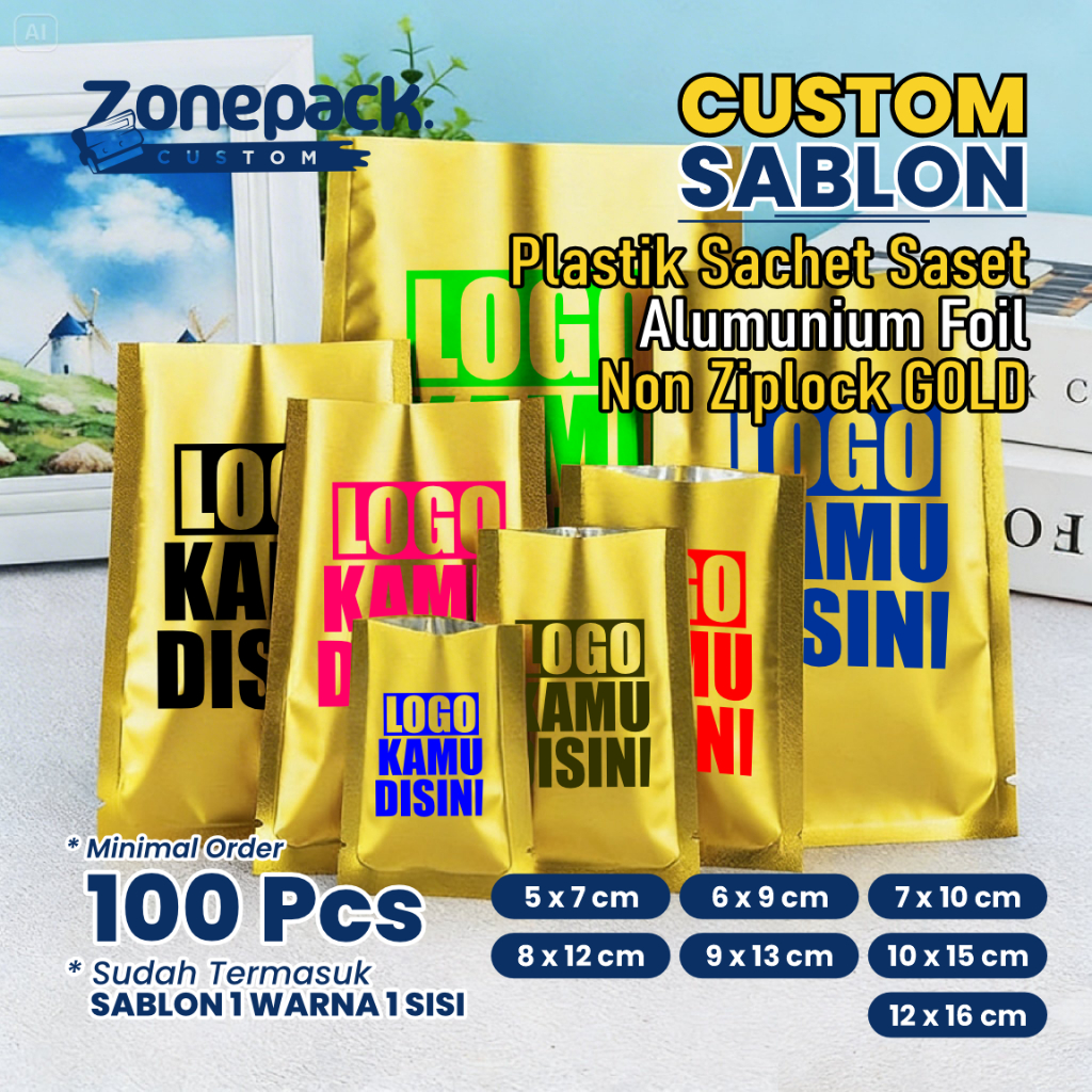 Sablon Plastik Sachet Saset Alumunium Foil Non Ziplock Warna Emas | Kemasan Sambal Bubuk Kopi Snack 