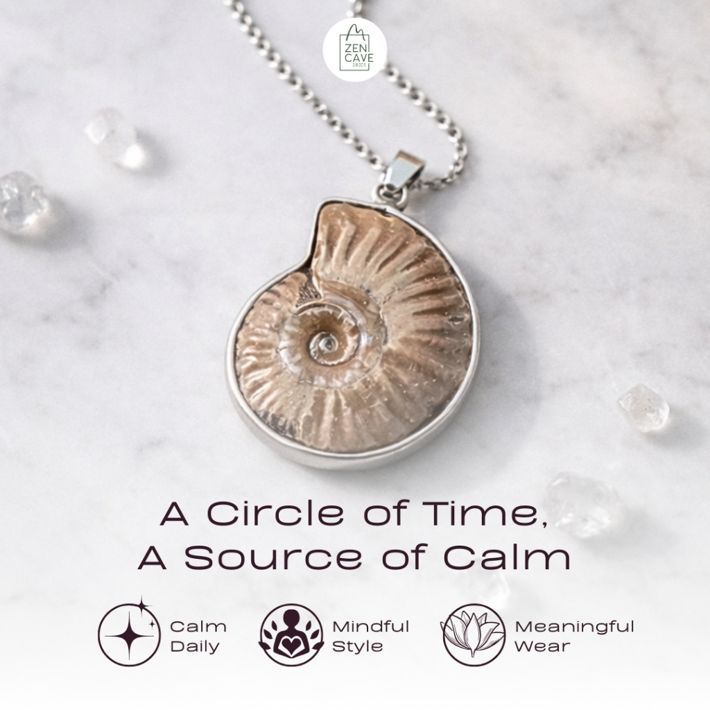 Kalung Pendant Ammonite Fossil Necklace, Aksesoris Pria Wanita dari Batu Alam Asli