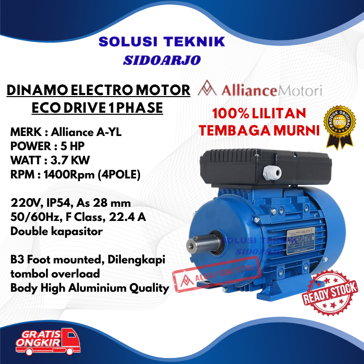 ALLIANCE  Dinamo 1 phase 5hp 3.7kw B3 220V/ 100% Lilitan tembaga murni/Dinamo Alliance A-YL/Dinamo 1