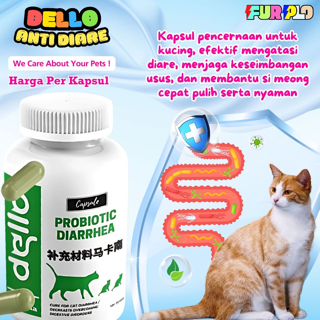 Kapsul Probiotik Kucing Anti Diare Mencret Memperlancar Pencernaan Cat Kitten Dello Furplo