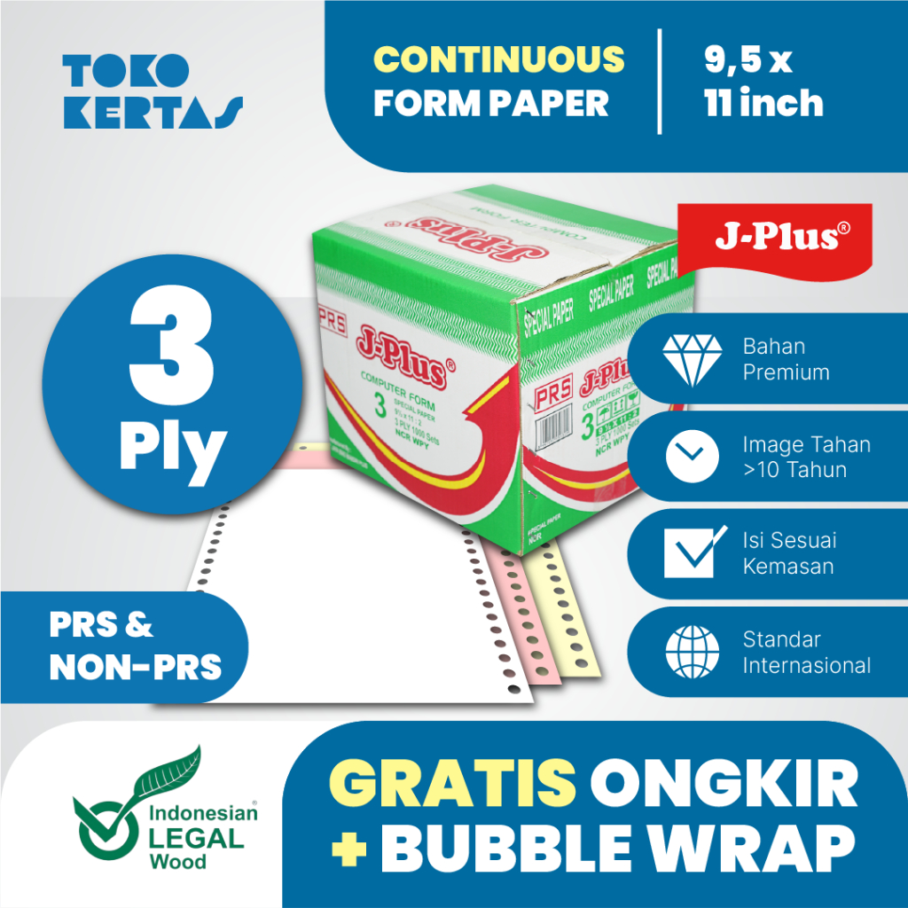 J-Plus Kertas Continuous Form NCR 3 Ply Bagi 2 9,5 x 11 Inch PRS Isi 1000 Sets | Kertas Komputer Not