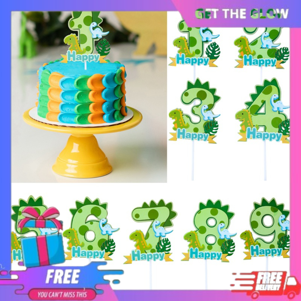 Topper Angka Bertema Dinosaurus/ Hiasan Kue Angka 1-3 Hijau Untuk Dekorasi Pesta Ulang Tahun Anak Sa