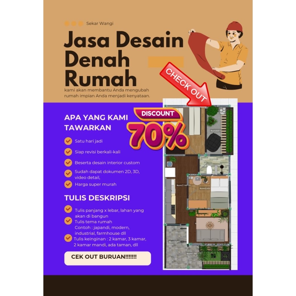 denah dan desain rumah minimalis japandi industrial  farmhouse