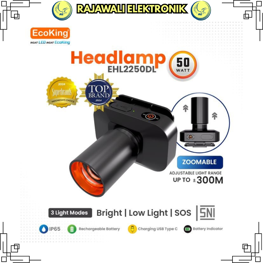 Ecoking Lampu Senter Kepala Head Lamp EHL2250DL Ecoking 50w Cahaya Putih maksimal plus Recharger Pro