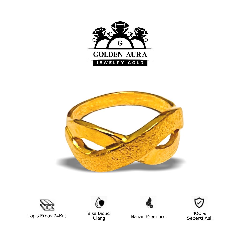 Cincin Pria Lapis Emas 24K Model Silang Elegan Ring Premium Dewasa Anti Luntur Bisa Dicuci Tahan Lam