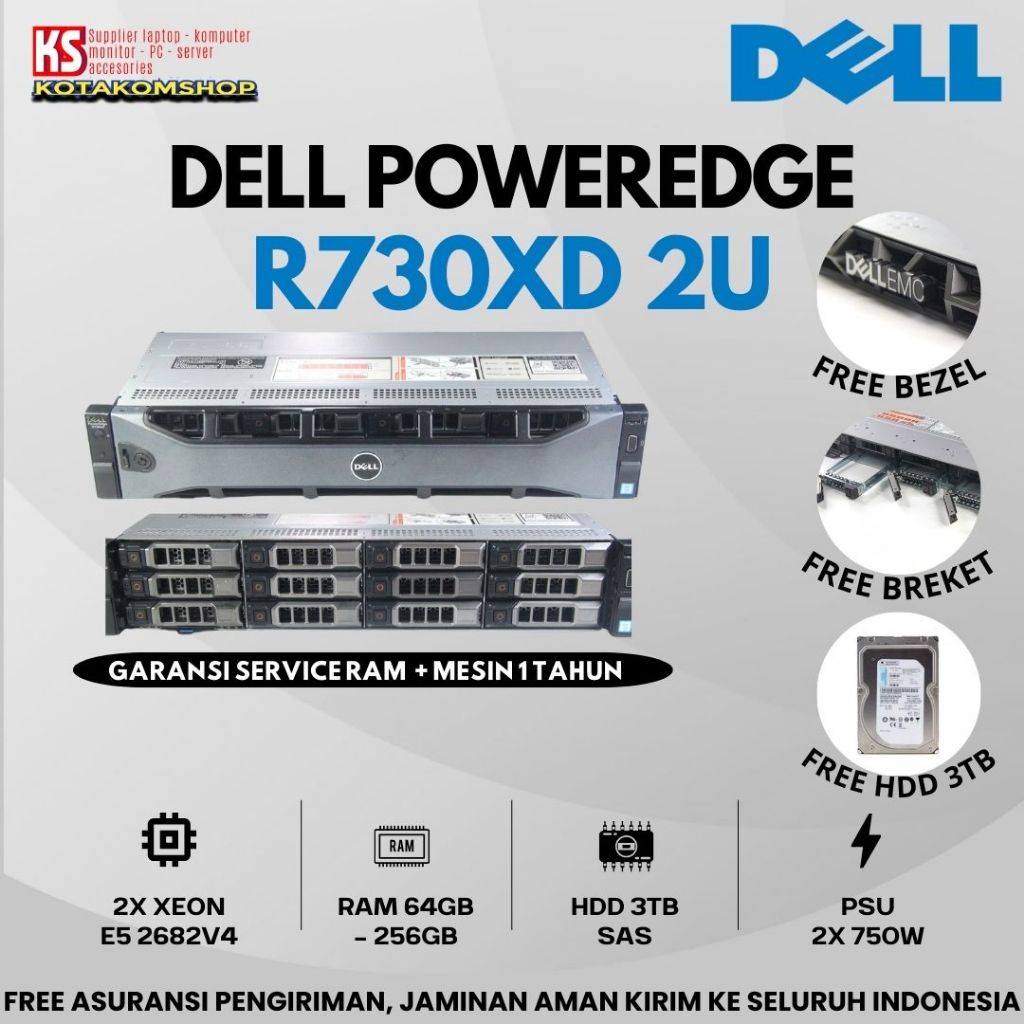 Server Dell R730XD 2U Dual Proc XEON E5-2682v4 Ram 64GB Hdd 3TB SAS Server Pulsa RS Kantor Sekolah