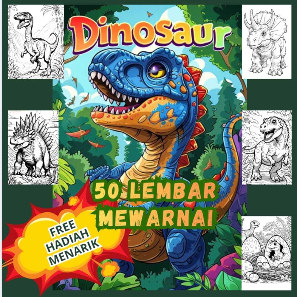 Buku Mewarnai Anak Tema Dinosaurus Isi 50 Lembar –Lembar Mewarnai  Edukasi Usia 3–7 Tahun