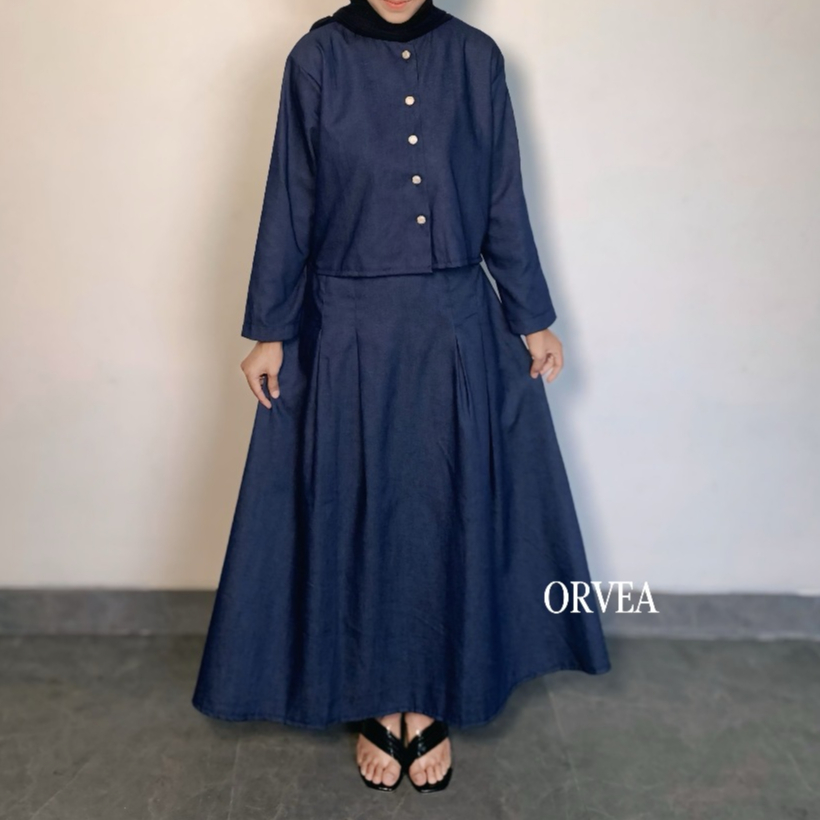 [READY] ORVEA Naima One Set Denim Wanita Premium | Setelan Jeans Wanita Rok Panjang Mayung Set Musli