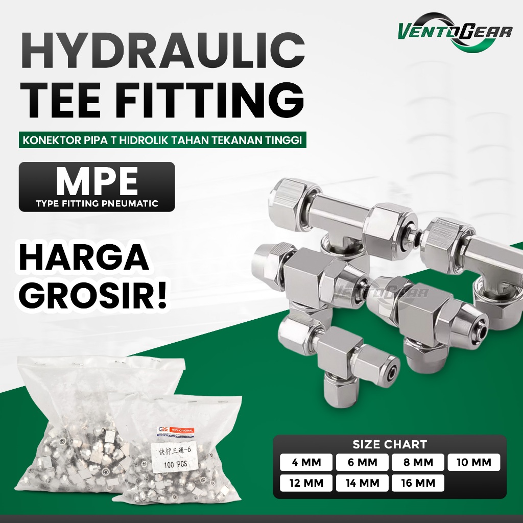 Tee Fitting Metal Pneumatik Model T MPE Polyurethane