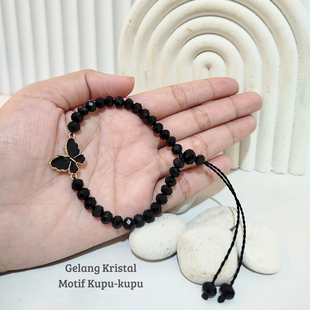 Gelang Kristal Motif Kupu-kupu Hitam Elegan | Gelang Wanita Serut Adjustable Simple Mewah