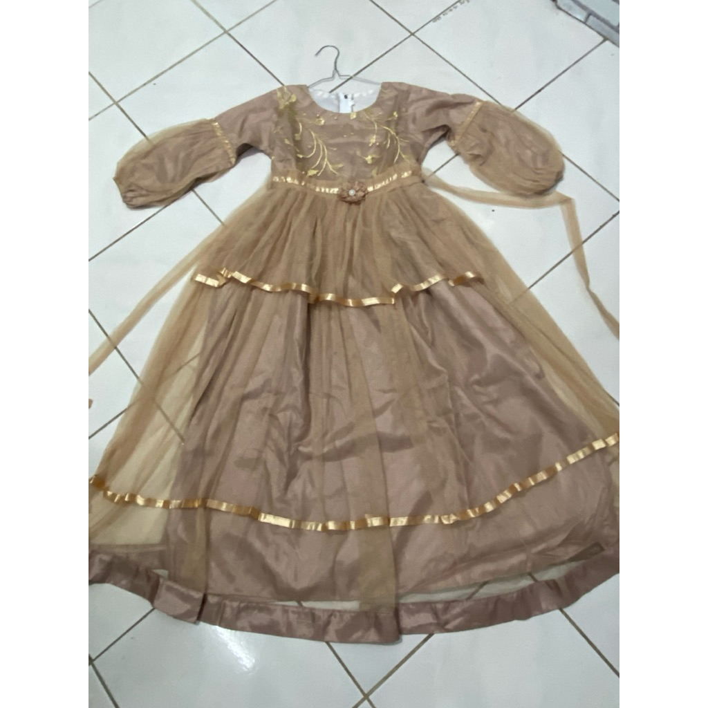 preloved pl gamis pesta lebaran anak 8 9 10 tahun dress lengan balon tutu mocca coklat