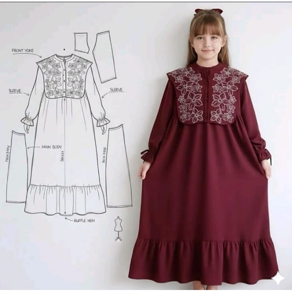 Gamis Anak Perempuan Bordir Floral kerah rebah Ruffle Mewah