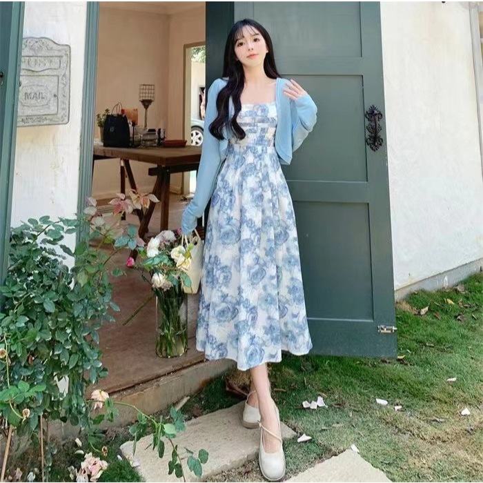 [ Ready S-2XL ] Midi Dress Floral Biru Pastel Set Cardigan Import • Dress Wanita Elegan Korean Style