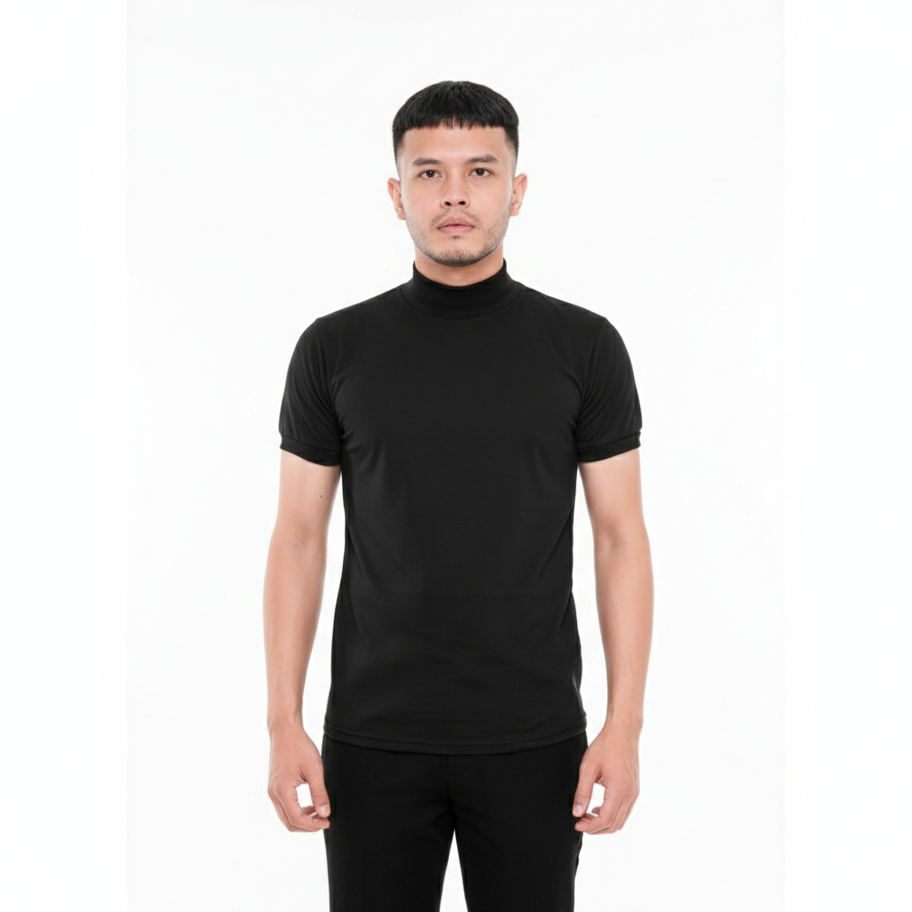 Baju Kaos Hitam Kerah Tinggi Turtle Neck Pria Korea Turtleneck Polos Lengan Pendek