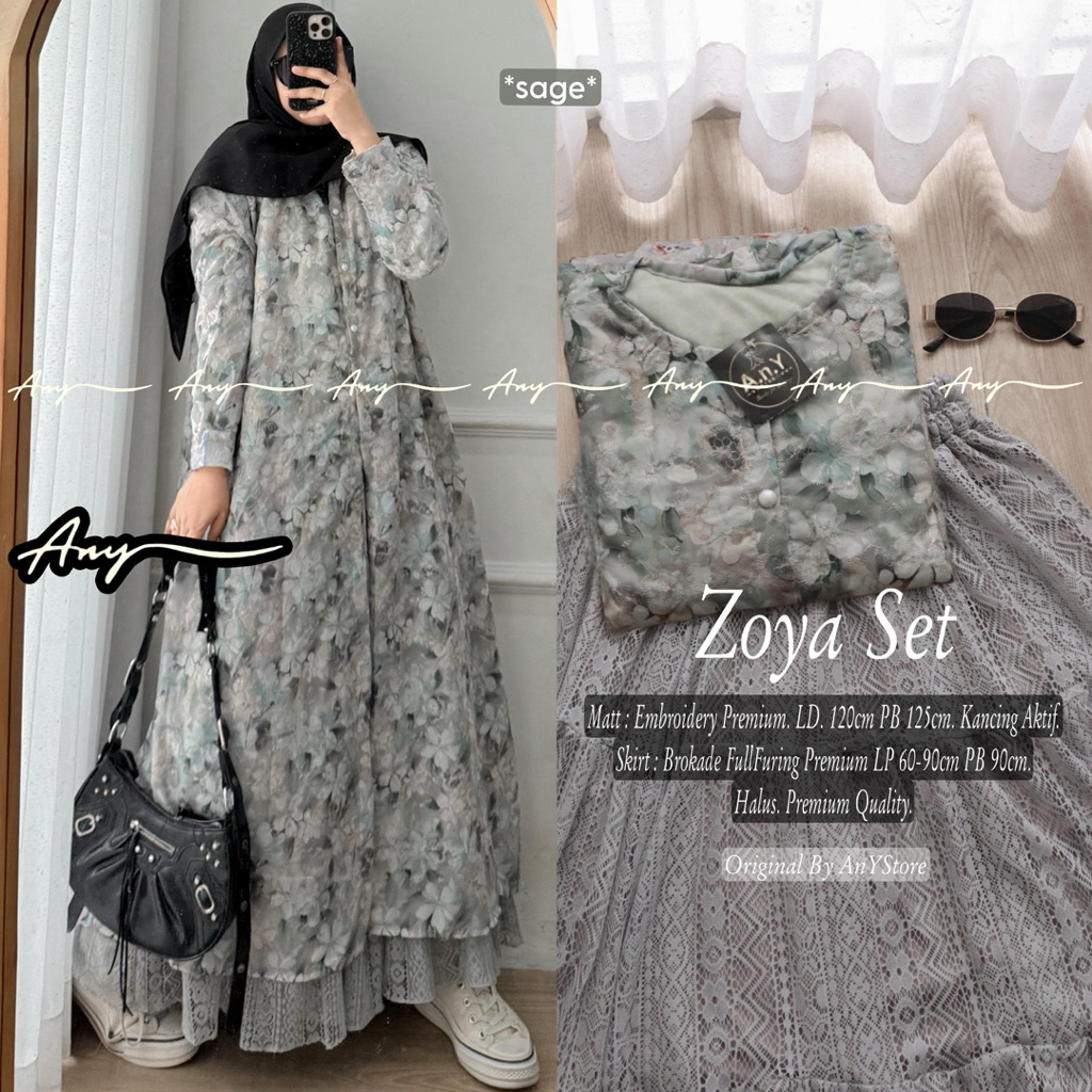 Zoya Set Baju Lebaran Wanita 2026 Setelan Muslim Brokat Premium Rok Panjang Elegan