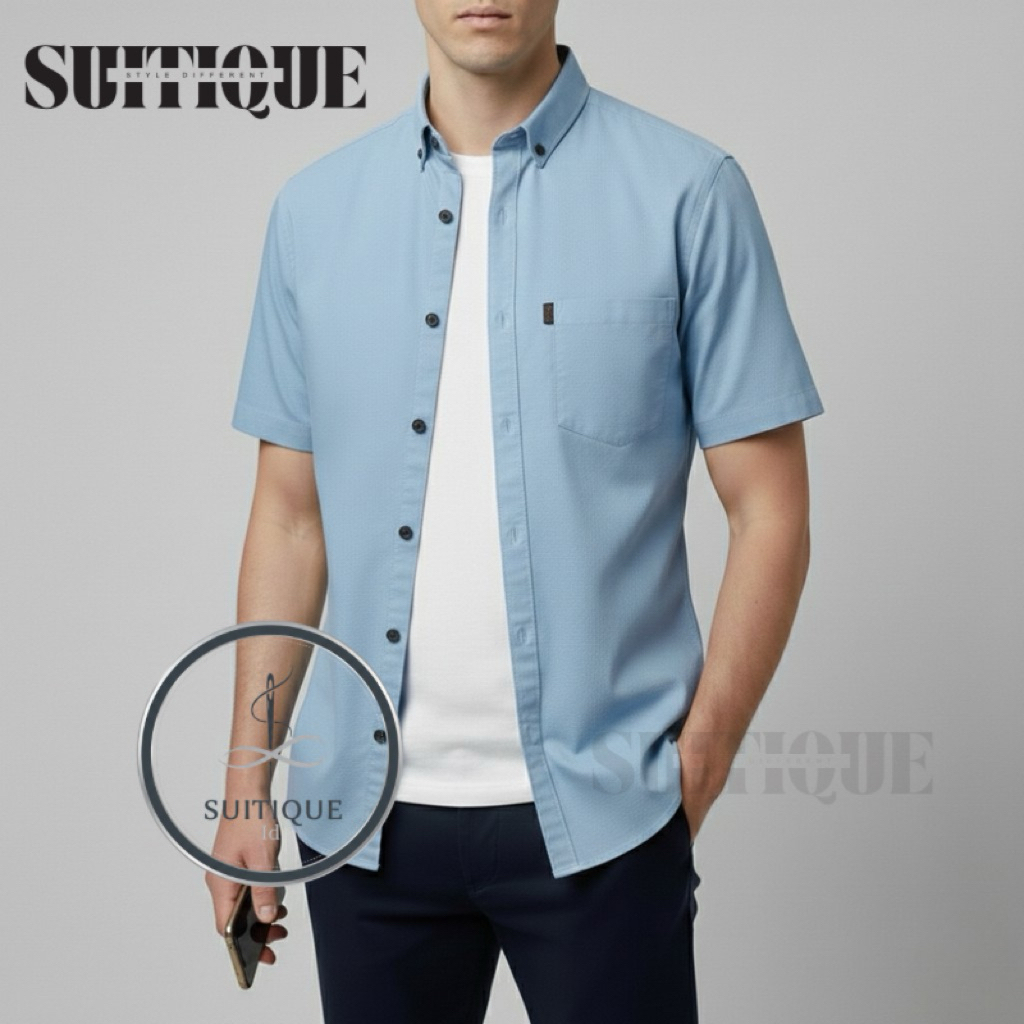 SUITIQUE ID - Kemeja Lengan Pendek Pria Biru Muda / Light Blue Casual Shirt Baju Hem Kemeja Polos