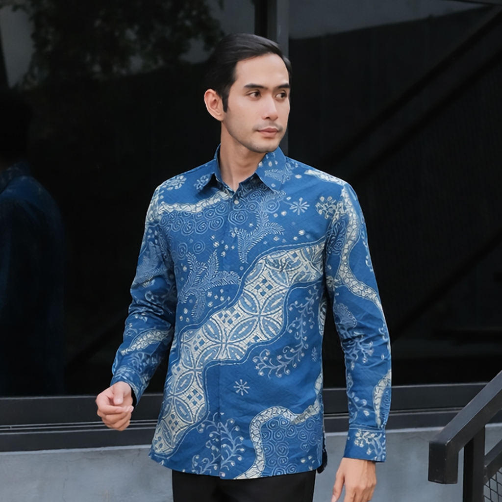 RBS Batik - Kemeja Batik Pria Adimas Slimfit Lapis Furing Warna Biru Kombinasi Cream