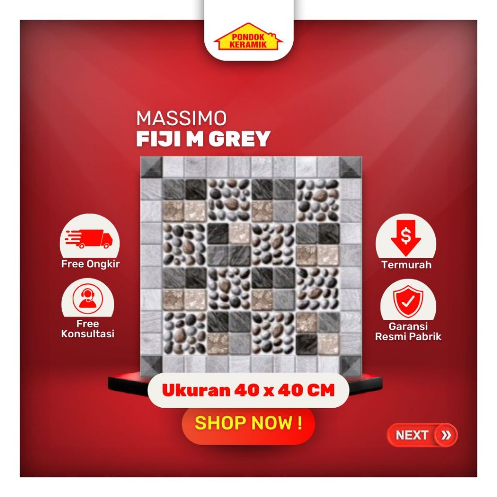 Keramik Lantai Ukuran 40x40 Fiji M Grey Warna Abu Motif Bebatuan Matte Kasar