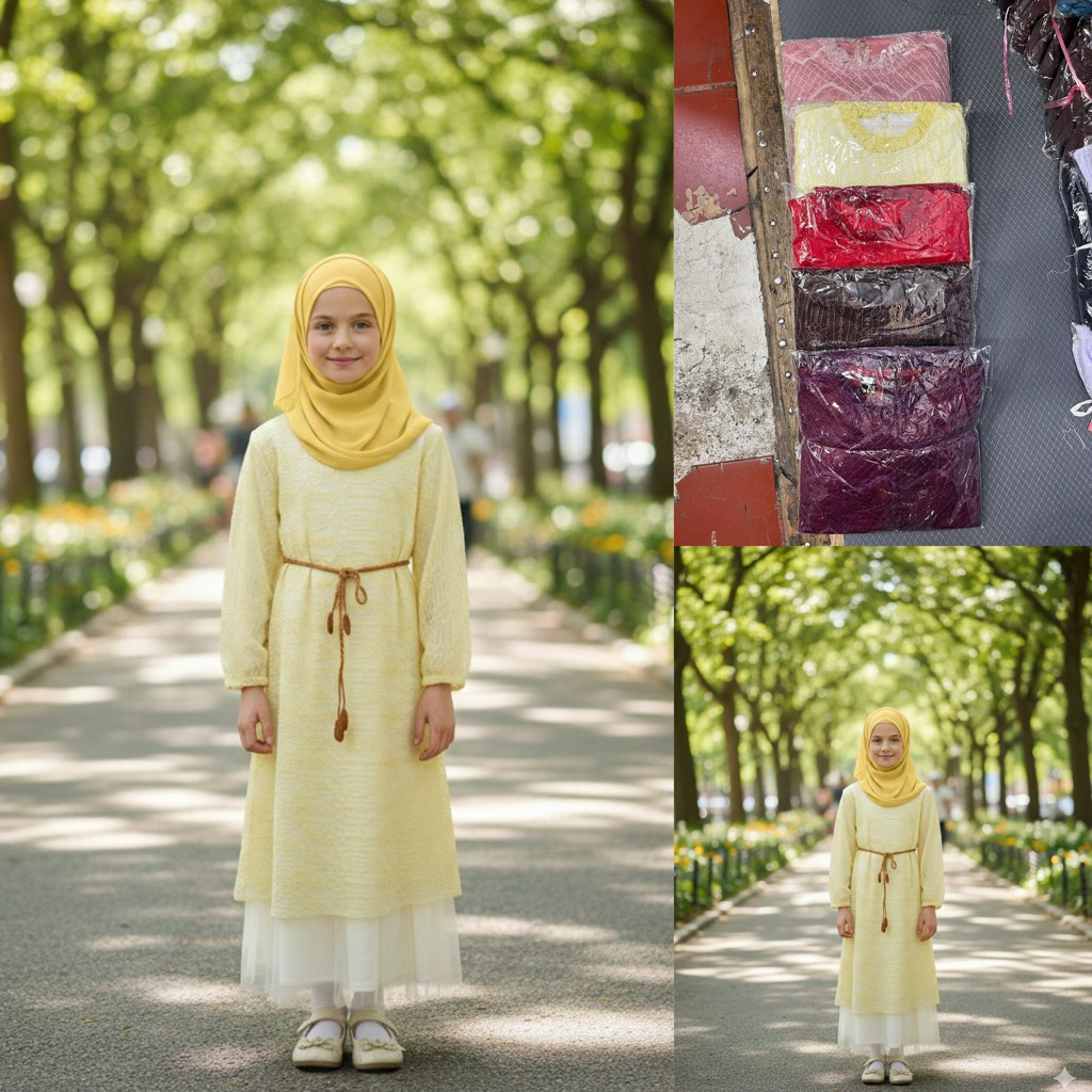 GAMIS MUSLIM ANAK PEREMPUAN MODEL BINI ORANG BAHAN TUTU TILLE PREMIUM SET HIJAB ( USIA 7-13 TAHUN )