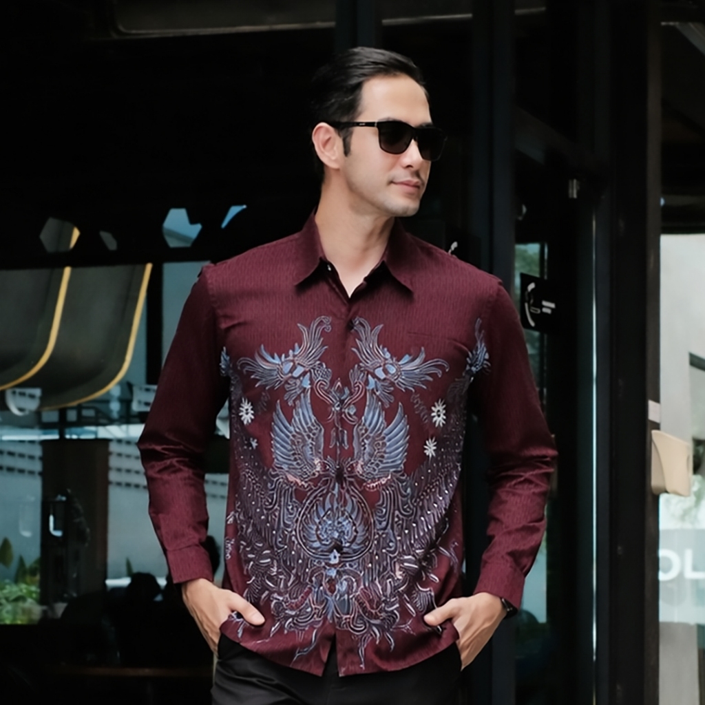 RBS Batik - Kemeja Batik Pria Nirvana Slimfit Lapis Furing Warna Burgundy Kombinasi Biru Muda