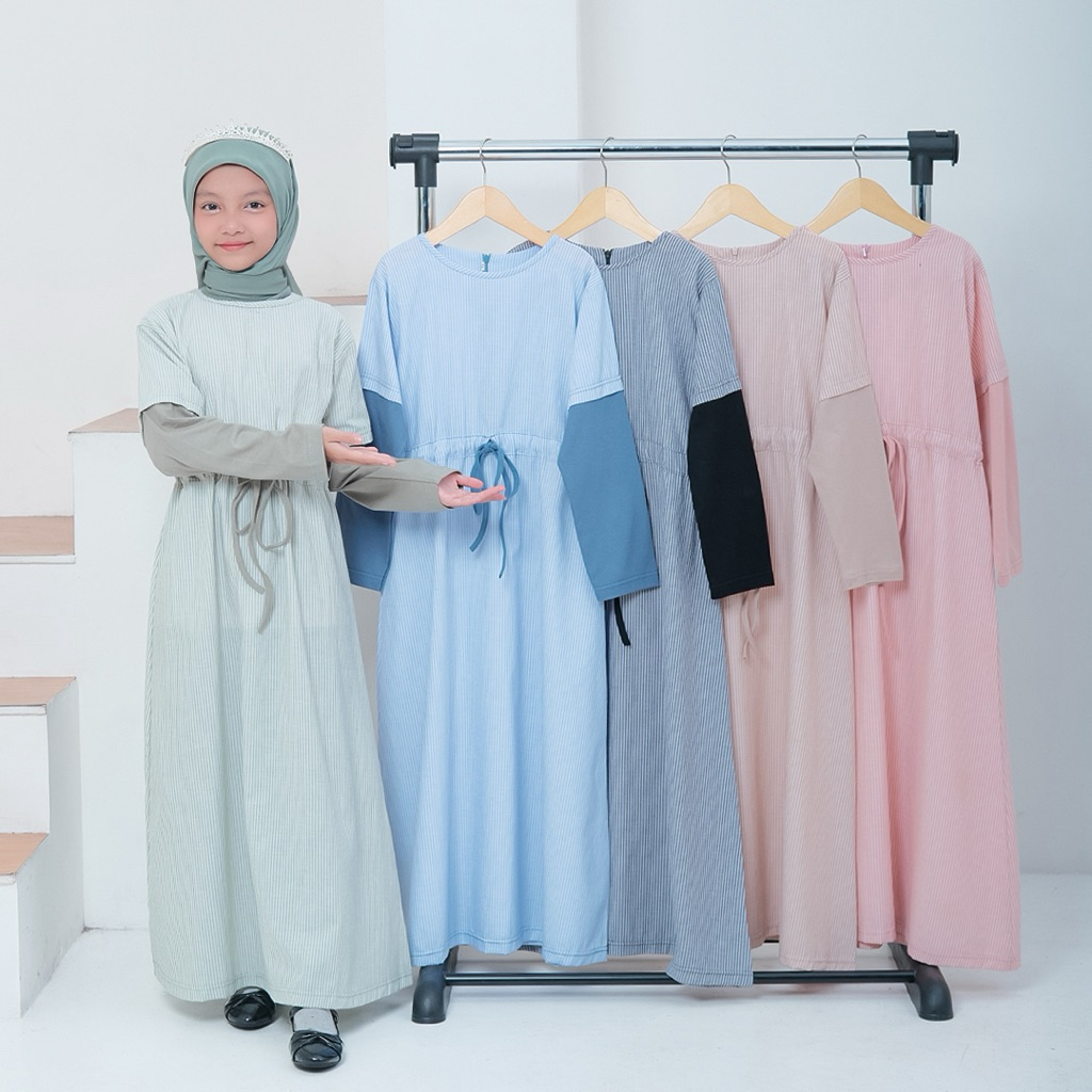 Gamis Muslim Anak Perempuan Model Salur Dress Anak Tanggung Kekinian Usia 5-14 Tahun