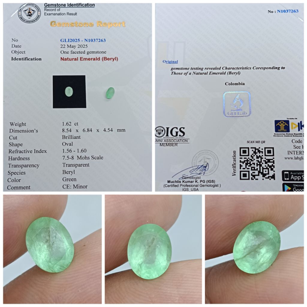 Natural emerald beryl Columbia 1,6ct memo GLI Minor zamrud Colombia Kristal