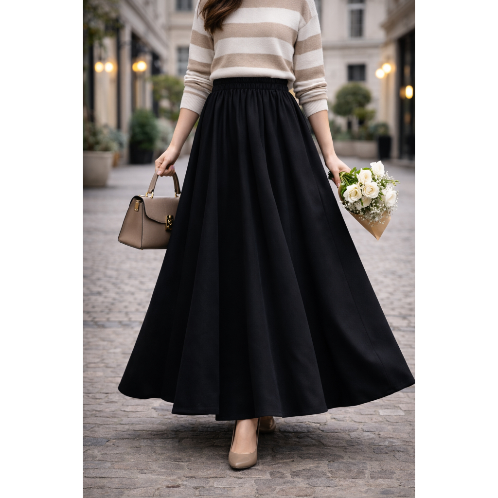 Rok Panjang Wanita WOLFIS Polos Premium Ada Saku Kantong Lebar Payung Flowy Jumbo Bahan Tebal Formal Kerja Kuliah Casual Muslimah by KaRINA