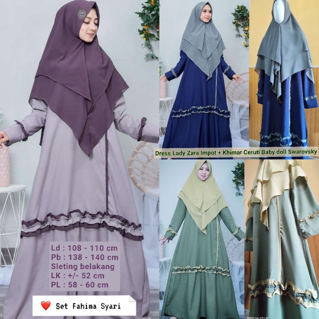 Set Gamis Lady Zara Import Premium Khimar Ceruti 2 Layer Mewah Anti Kusut - Set Syari Simpel Berkela