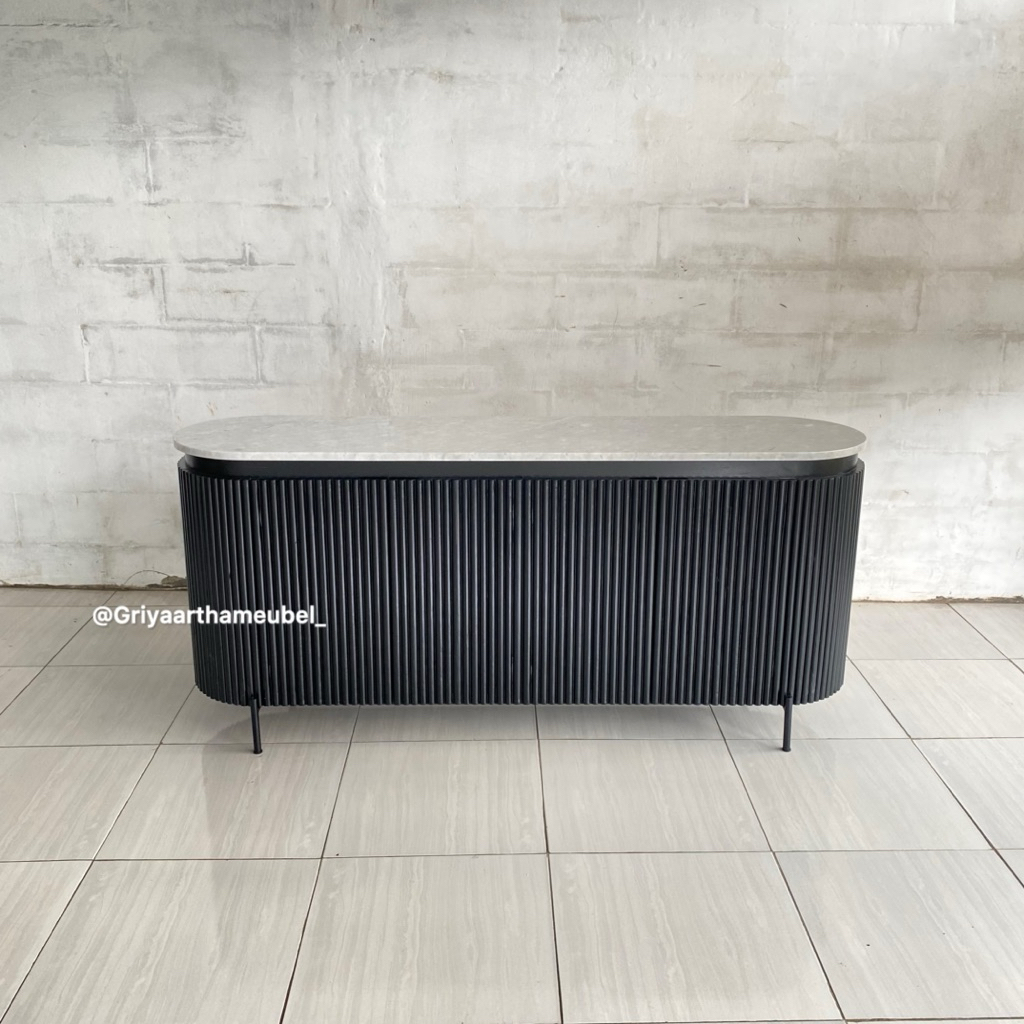 Bufet jati salur top marmer asli, bufet oval minimalis kayu jati