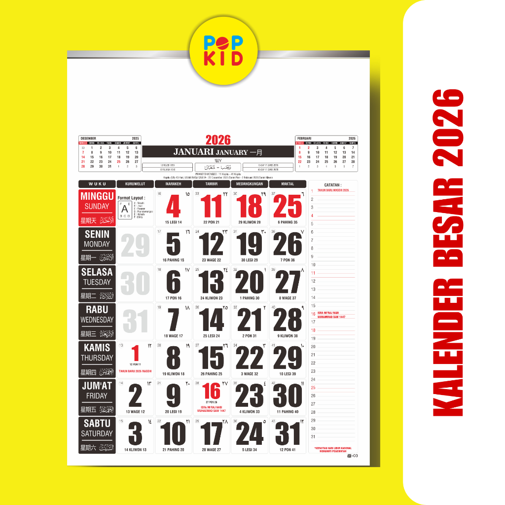 PROMO KALENDER NASIONAL 2026 38 X 54 CM KALENDER BESAR KALENDER JAWA 2026 KALENDER DINDING 2026