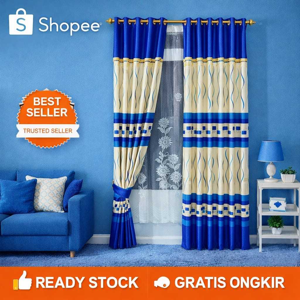 Gorden poni tempel pintu kamar kain blackout import tebal motif bunga tulip mewah Gold