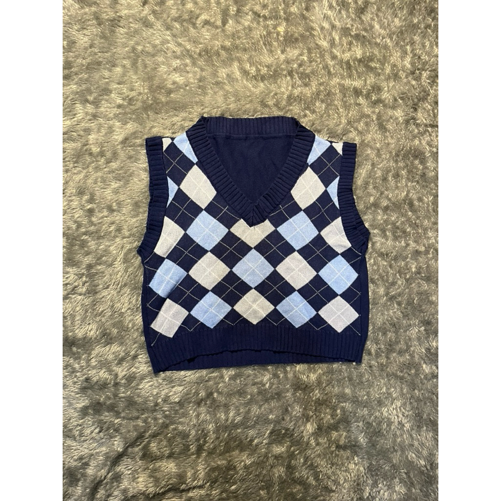 Navy Blue Argyle Knit Sweater Vest Preloved Secondhand Wanita
