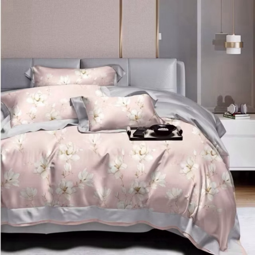 BIOSIBEDDING Sprei Katun Jepang Motif Bunga Tulip pink Silver Putih Shabbychic Putih Ungu  - Sprei J